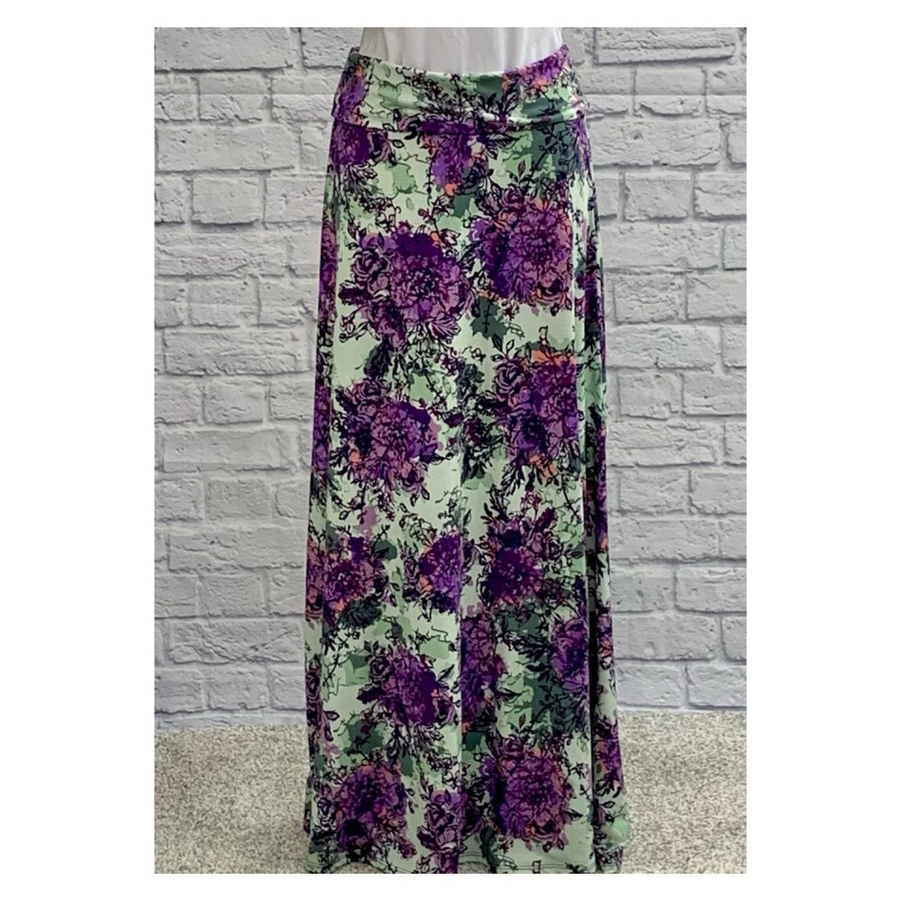 LuLaRoe Green & Purple Floral Maxi Skirt – XS – Stretch Waist – Boho Style